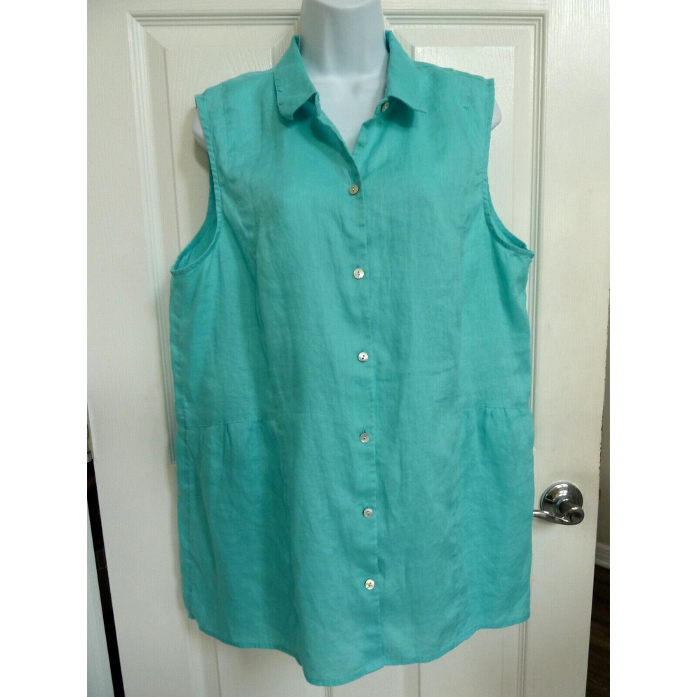 J. JILL Love Linen Sleeveless Blouse Shirt Tunic Aqua Blue Plus Size XL 18/20
